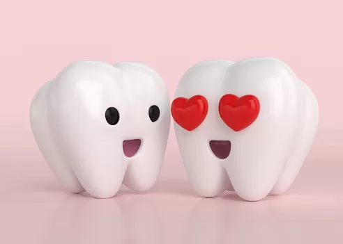 Happy white teeth in love celebrating valentine's day on pink background